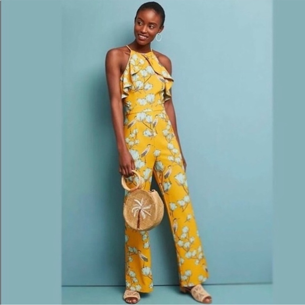 Anthropologie Varun Bahl Yellow Floral Jumpsuit